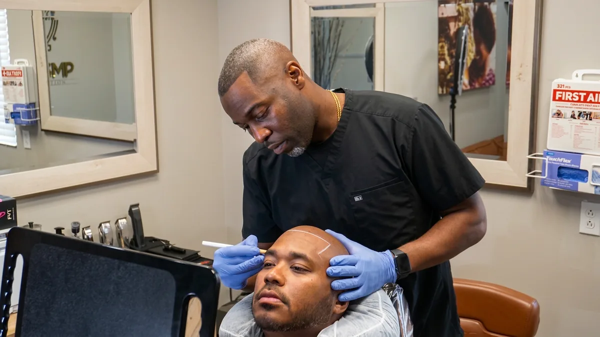 Terrin J. applying scalp micropigmentation in the Wichita studio
